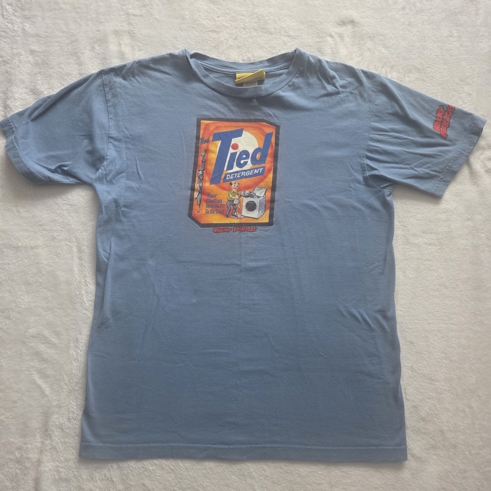 Vintage Y2K Topps Wacky Packages TIED Graphic T-shirt Sz Med RARE FLAW‎